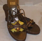 Stuart Weitzman Size 7 Beaded Leather Ankle Tie Wedge Heel  Women's Sandal