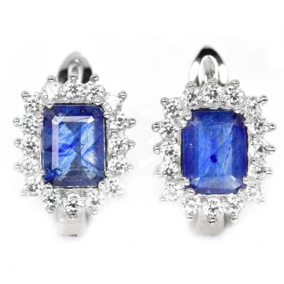925 STERLING SILVER NATURAL BLUE SAPPHIRE OCTAGON CUT & WHITE CZ  EARRING - Image 1 of 4