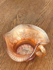 Vintage Dugan Windflower Marigold Carnival Glass Iridescent Handled Candy Bowl - Picture 1 of 7
