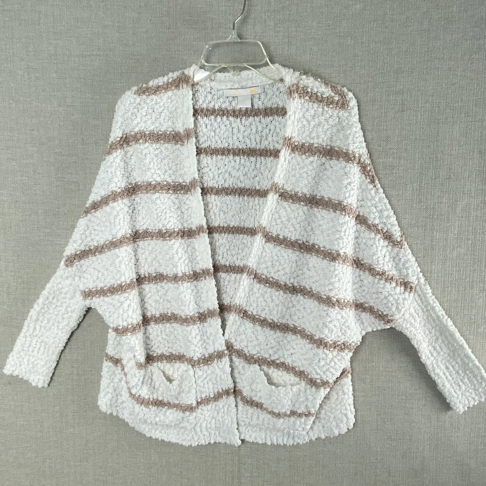 C&C California Cardigan Sweater Womens S White Striped Boucle Pockets Open - Image 1 of 4