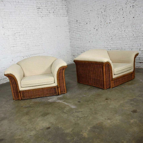 Rattan Wicker Pair of Oversized Lounge Chairs Manner of Michael Taylor Cover