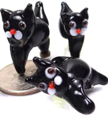 4 Lampwork Handmade Glass Black Cat Halloween Beads 20x16mm - Image 1 of 2