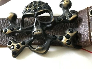 Skull & Crossbones Belt-NWT-VINTAGE-Brown/Black w/Rhinestone-Sz: XL-MONDO JEANS - Picture 1 of 8