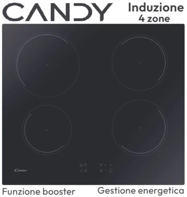 PIANO COTTURA NERO INDUZIONE 4 FUOCHI COM. FRONT. 60 CM CANDY KRCDJ642