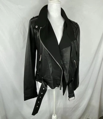 Michael Kors 素食皮革腰带摩托车夹克 L 码拉链袖弹力面板 — 第 1/4 张图片