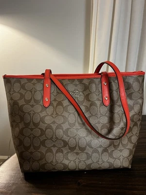 COACH Brown Signature Canvas Orange Leather Satchel Tote Shoulder Bag F58292 - Image 1 of 4