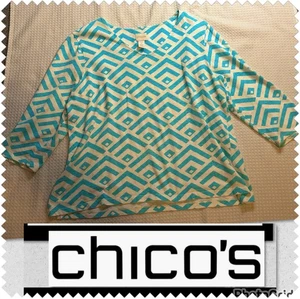 Chico’s Größe 2 Damen 3/4 Ärmel blau & weiß Shirt Bluse Baumwolle geometrisches Muster - Bild 1 von 17