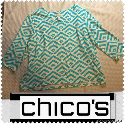 Chico's Size 2 Women’s 3/4 Sleeves Blue & White Shirt Blouse Cotton Geometric - Image 1 of 4