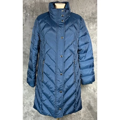 Abrigo acolchado con capucha London Fog azul verdoso relleno de plumón para mujer talla L (14476) Foto 1 de 4