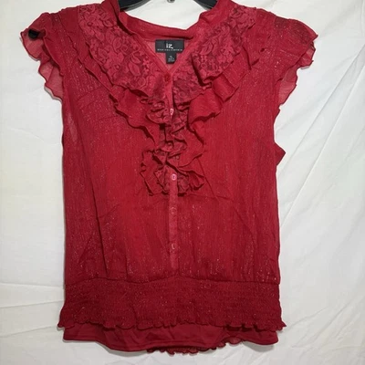IZ Byer Womans Sleeveless Ruffle Blouse Button Elastic Waist Sparkly Red XL EUC - Image 1 of 4