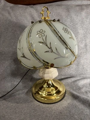Vintage 3-way Touch Lamp 14 Inches Glass Frosted Panels Gold Tone Floral Accent - Image 1 of 4