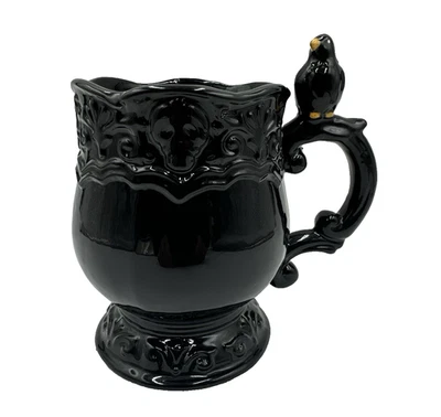 Salem St. Black Gothic Raven Mug Embossed Skull Design Halloween Decor Cup - Image 1 of 4
