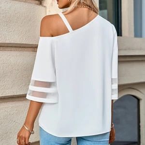 Women Cold Shoulder Shirt Fashionable Breathable Bell Sleeve Mesh Splicing L AM9 - Picture 1 of 7