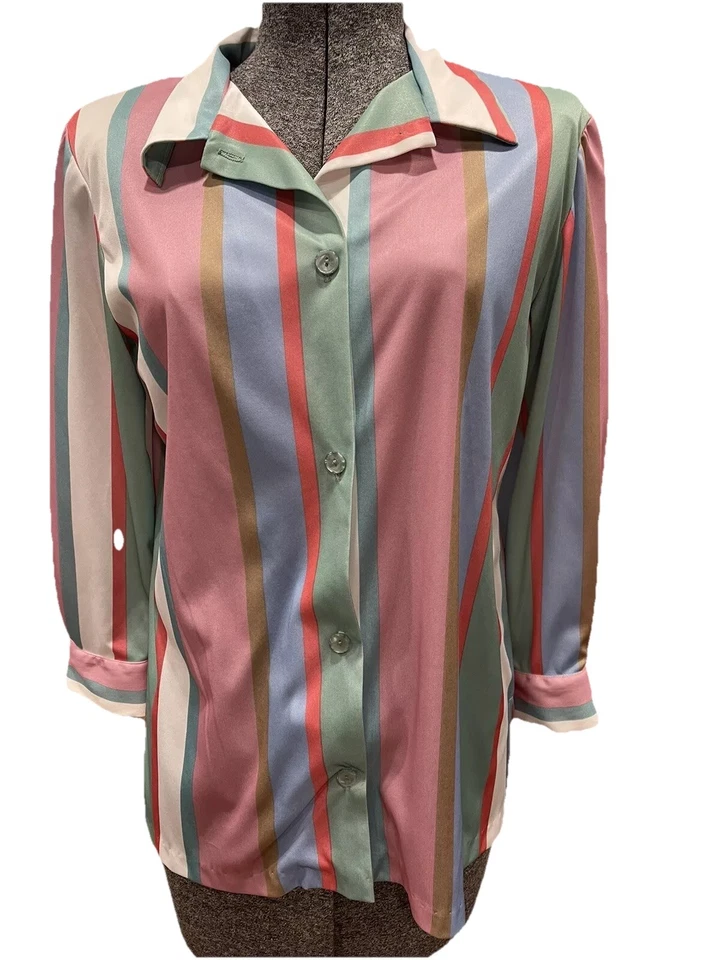 Vera Neumann Ladies 6P 1980s Multi Stripe Pastel Colored Long Sleeve Blouse VTG - Image 1 of 4