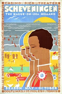 Scheveningen Holland 1930 Vintage Travel Poster Art Deco Wall Art Print - Picture 1 of 6
