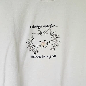 Vintage Cat Sweatshirt Shirt Women’s XLarge White I ALWAYS WEAR FUR THANKS 90’s - Picture 1 of 9