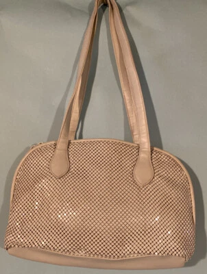 Whiting & Davis Mesh Purse taupe/Grey neutral 12” Clean Inside metal/vinyl - Image 1 of 4