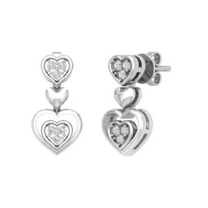 10K White Gold Diamond Heart Dangle Earrings for Women 1/10 cttw, I2-I3 Clarity - Picture 1 of 5