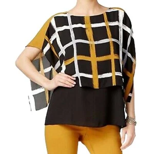 Alfani Women's Windowpane Poncho Top Brushstroke Plaid Blouse Size 2P - Picture 1 of 6