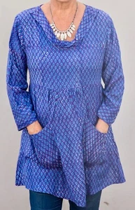 NILA RUBIA Tunic Top Small Blue Cotton Hand Block Printed Pockets Long Sleeves - Picture 1 of 9