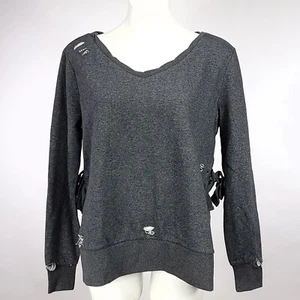 Romeo & Juliet Couture Women's Heather Charcoal Distressed Sweatshirt - Picture 1 of 9