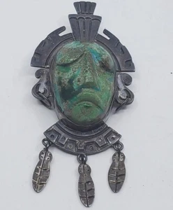 VTG TAXCO STERLING SILVER MMC HAND CARVED MULTICOLOR STONE FACE MASK PENDANT J1 - Picture 1 of 11