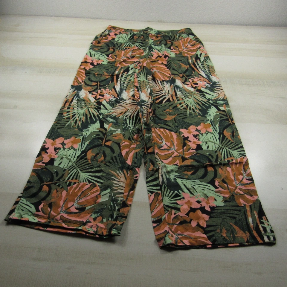 Calça jeans feminina pequena P preta verde floral praia perna larga jersey d&co A5 - Imagem 1 de 4