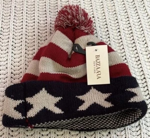 USA Beanie Mens One Size Blue Stars and Stripes Hat Wide Brim Lined - Picture 1 of 1