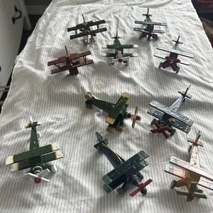 Vintage Wooden Airplane Christmas Ornaments Bi-planes Lot 10 Hand Painted - Picture 1 of 12