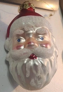 Vintage Blown Glass 3D Santa Head Christmas Ornament Glitter Beard Red Hat - Picture 1 of 5