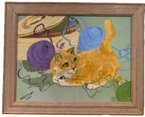 1955 Vintage signiertes schelmisches Kätzchen KATZE mit Garn Nähkästchen gerahmtes Gemälde ENTZÜCKEND - Bild 1 von 11