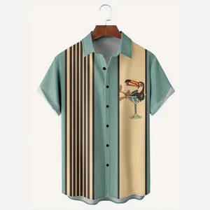 Hawaiian Shirt Striped Pattern Buckle Short Sleeve Men - Picture 1 of 6