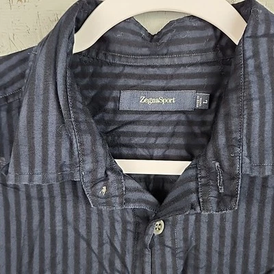 Zegna Sport Shirt Mens Large Black Blue Stripe Dress Pocket Lightweight Classic  - Image 1 of 4