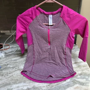 Ivivva Top 8 Pink Gray Striped 3/4 Sleeve Streatchy Play It Cool 1/2 Zip - Picture 1 of 7