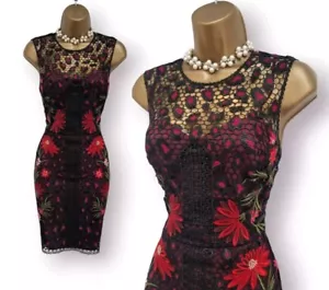 Karen Millen Black Red Embroidered Lace Pencil Occasion Dress UK 10 RRP £280 - Picture 1 of 14
