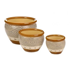 Gorgeous Round Earth Tone Trim Ceramic Decorative Garden Planter Trio - Picture 1 of 2