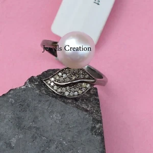 Sale! White Pearl Gemstone Ring Pave Diamond Leaf 925 Silver Minimalist Jewelry - Picture 1 of 6