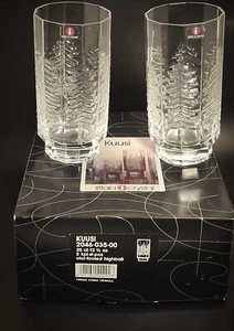 VTG Iittala Kuusi Set of 2 Etched Crystal Footed Highball Glasses 12 1/2oz NIB - Picture 1 of 10