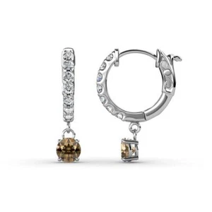 Round Smoky Quartz Diamond 3/4 ctw Womens Dangle Hoop Earrings 14K JP:236949 - Picture 1 of 13