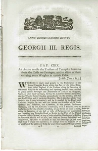 ORIGINAL ANTIQUARIAN ACT OF PARLIAMENT 1815 TOLLS ON CARRIAGES ON TURNPIKES 3PP - Picture 1 of 1