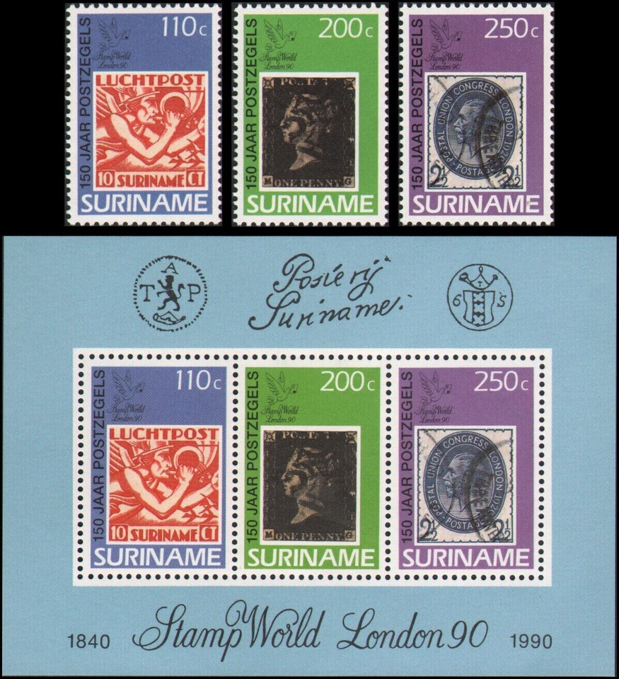 Surinam 1990 #858-860a MNH Expo Londres/150 aniversario de la primera estampilla postal Foto 1 de 1