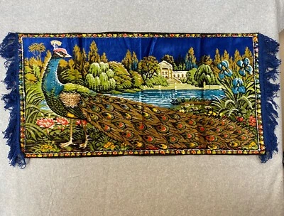 Exotic Vintage Peacock Wall hanging Art Bird Tapestry 19.5 X 42" Fringed Ends - Image 1 of 4