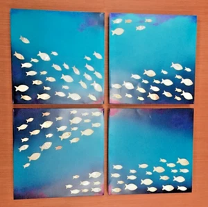 Fish Sea 4 paneles Metal contemporáneo Arte de pared Decoración madre pez perla - Imagen 1 de 3