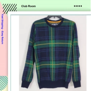 Club Room Mens  Merino Wool Blend Crew Easy Care Sweater, Blue/Green Plaid[ S] - Picture 1 of 4