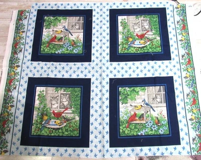 Vintage CRANSTON Cats in Window & Birds Cheater Quilt 4 Block Fabric Panel 34x44 - Image 1 of 2