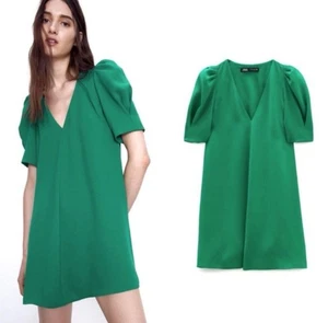 Zara smaragdgrünes Minikleid Gr. M Puffärmel V-Ausschnitt Party Urlaub Hochzeit - Bild 1 von 5