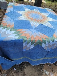 Vintage Hand Stitched Starburst Design Quilt 90 X 102 Cotton Quilted Stunning  - Picture 1 of 24