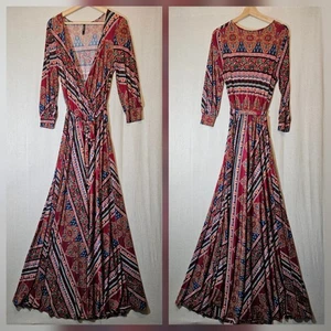 Janette John 3:16 Womens Small Maxi Dress Faux Wrap Full Skirt Red Black Floral - Picture 1 of 10