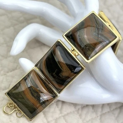 Pulsera De Colección Grande Ojo de Tigre Eslabones Tono Dorado Grueso Boho Piedras Preciosas Foto 1 de 4