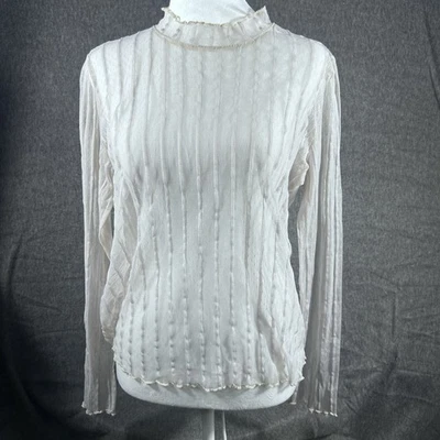 Ivory Cream Lace Mesh Long Sleeve Net Boho Women's L Sheer Y2K Blouse Fairycore - Image 1 of 4